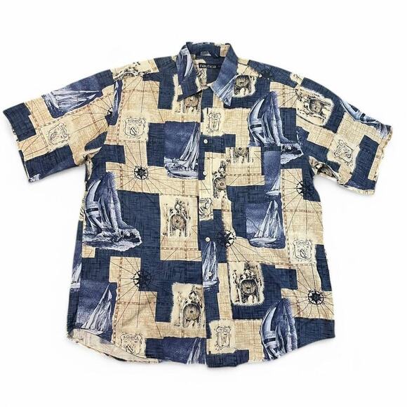 Vintage‎ Nautica Men’s L Short Sleeve Button Down Sea Boat Compass Novelty - Picture 1 of 7